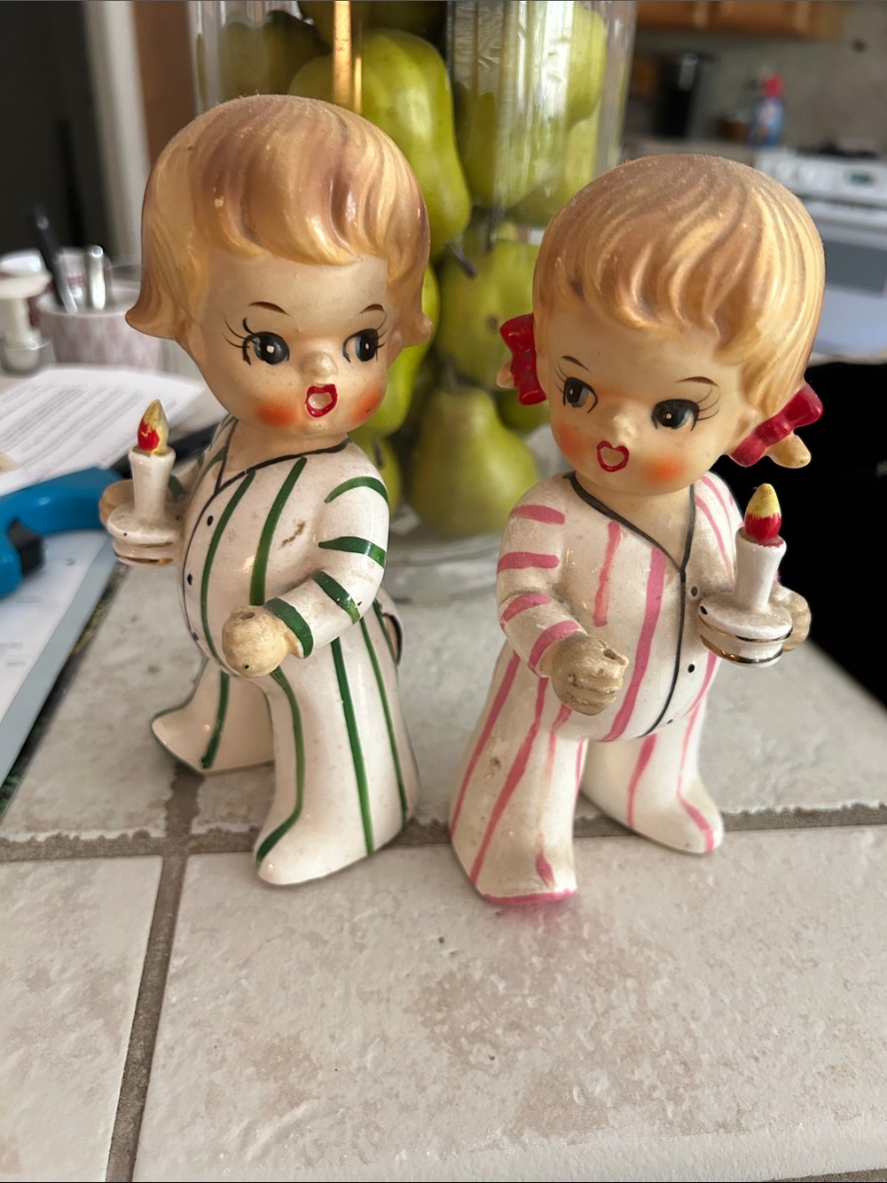 Vintage Bisque Candle-Holding Figurines in Green and Pink - Picture 1 of 5